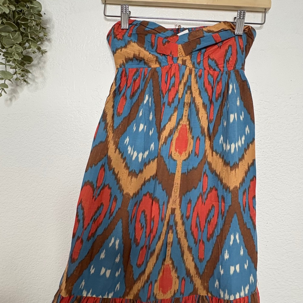 Free People Strapless Ikat Maxi Dress Blue Rust Boho Smocked Tiered XS - Picture 3 of 9